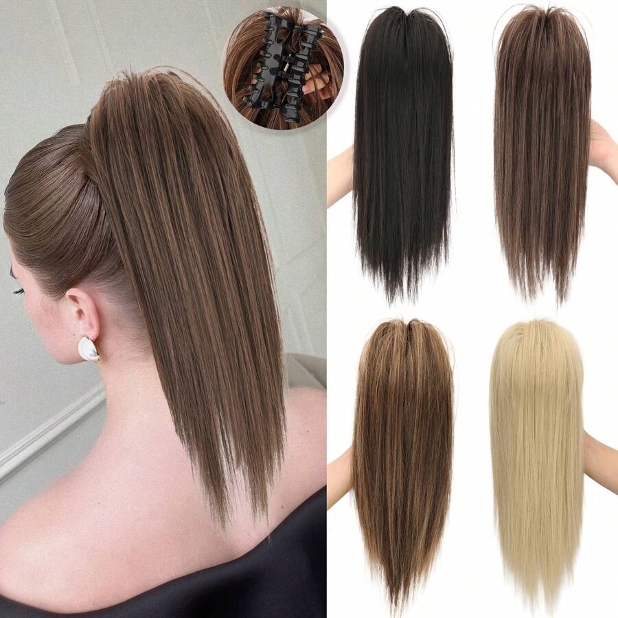 16英寸直发马尾假发片，合成纤维夹式，适合女性日常佩戴