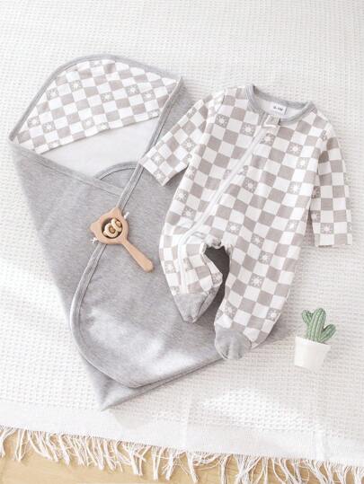 Baby Boy Clothes Simple Casual Style, Gray And White Checkerboard Pattern Embellished With Star Elements, Round Neck, Long Sleeves, Easy To Put On And Take Off, Zipper Design Jumpsuit, With Swaddling Scarf, Comfortable And Soft, Two Pieces Baby Boy Loungewear Pajamas
