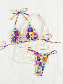 两件套女士简约格纹印花露背系带可调节腰围性感比基尼泳装，夏季海滩度假 - 紫色 - 查看 3