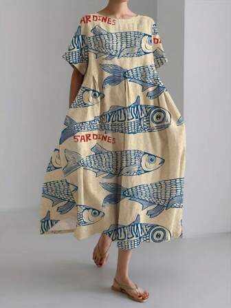 女士春夏休闲装时尚休闲舒适鱼纹图案春秋休闲简约度假风