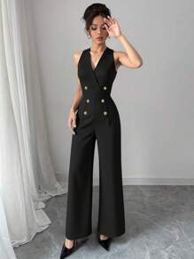Tuta elegante estiva da donna, di colore tinta unita, senza maniche, con chiusura con chiusura lampo e bottoni, tuta casual larga, adatta per l'uso quotidiano