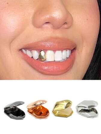 1pc Classic Smooth Tooth Jewelry, European & American Style, Single Tooth Design Adjustable Size, Suitable For Casual Wear, Party Decoration, Stage Props, Unisex. Includes Dental Wax For Usage