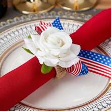 6pcs New Jute Napkin Rings, Hotel Tabletop Decor Cloth Loops, Bowknot Napkin Rings, Tabletop Decor Rings, Theme Red White Blue Rose Napkin Rings, Handmade Rose Holiday Tablescape Napkin Rings