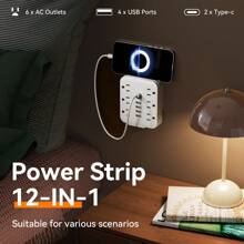 1 Pc 12-In-1 Power Strip With 4 USB-A Ports, 2 Type-C Ports And 6 AC Socket Outlets. 110V-130V,A Wall Power Socket, Easy To Carry, Suitable For Home, Office And Travel.