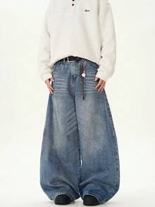 1 件复古水洗宽松做旧阔腿男友牛仔裤，休闲中性设计 - 淺藍色 - 查看 4