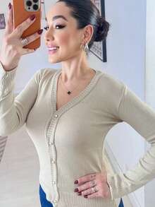 Plain Knit Coat With Elastane Buttons Beautiful Fashion Super Shipping! - Beige - View 1