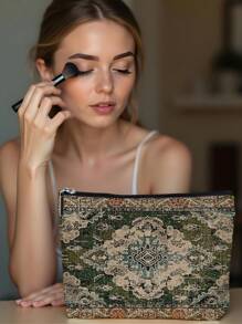 1pc Bohemian Style Linen Printed Cosmetic Bag, Cute Travel Makeup Case & Multipurpose Coin Purse, Lightweight Gift Essential For Women,For Holiday Beach, Bathroom Collection, Bedroom Collection, Large Capacity