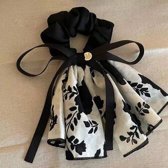 1 Stück elegante Blumen-Schleifenhaarschleife - Vintage-inspirierter Stoff-Scrunchie mit Blumenmuster, süßer Stil Haargummis für Frauen, Haarschmuck