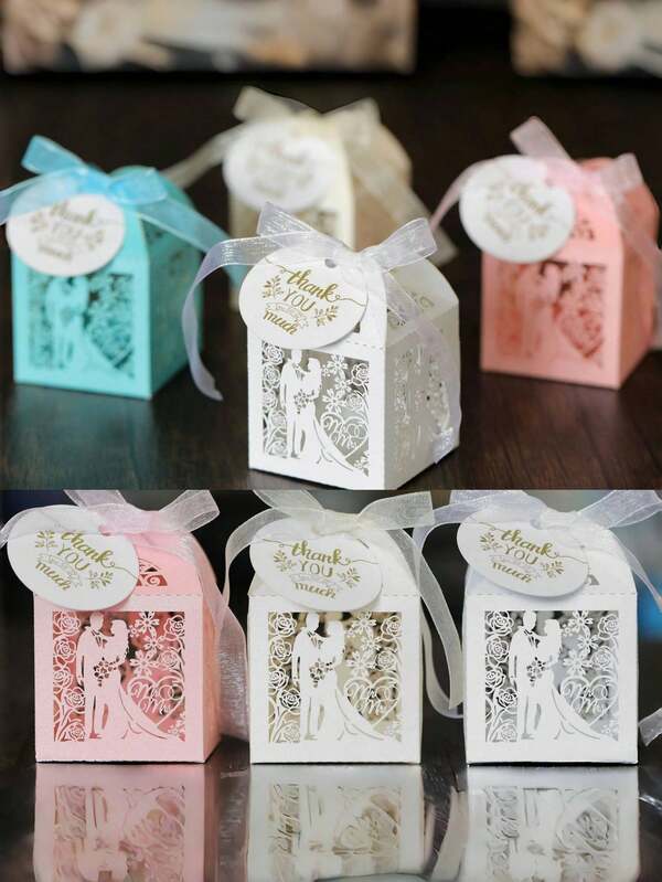 10pcs Laser-Cut Gift Box (White). Blue, Gold, Purple), Wedding Gift Candy Box With Ribbon, Hollowed-Out Bride And Groom Design Small Gift Box Wedding, Wedding Decoration Candy Box Gift Box, Wedding Gift Festival Party Supplies