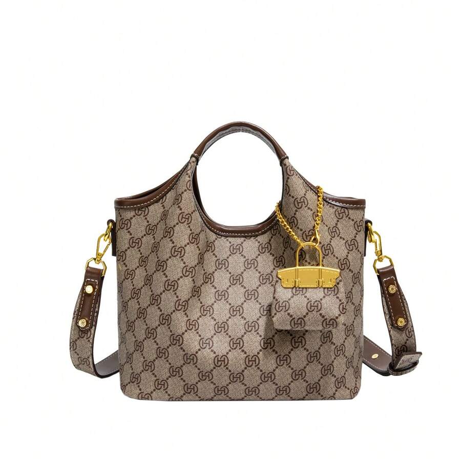 Womens European And American Handbags Fashionable Retro Bucket Bags Contrasting Color Printed Shoulder Bags Versatile Commuter Messenger Bags - Grey - View 1