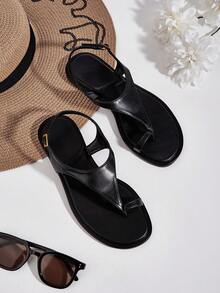 Elegant Casual Vacation Commute Black Square Toe T-Strap Flat Gladiator Sandals - Black - View 1