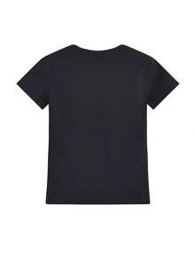 女士圆领修身短袖T恤，美式风格，白色，春夏新款休闲黑色 - 黑色 - 查看 3