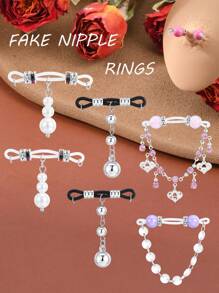1Pair Fake Nipple Rings - Adjustable Fit Daily Wear Nipple Nooses - 8mm Candy Beads, Fake Nipple Jewelry Faux Nipple Piercing Non Pierce Faux Barbells, Fake Nipple Piercings, Valentine For Lovers