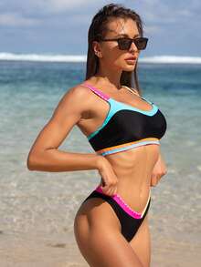 Contrast Stitching Floral Bud Camisole Two Pieces Bikini Set Vacation Beach Summer - Multicolor - View 2
