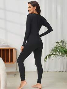 2-częściowy damski komplet bielizny termicznej, bezszwowej, wygodnej, w jednolitym kolorze, z okrągłym dekoltem i długim rękawem, z legginsami, jesień/zima