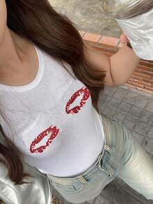 Women's Sexy Graphic Print Crew Neck Camisole Top, Suitable For Spring & Summer