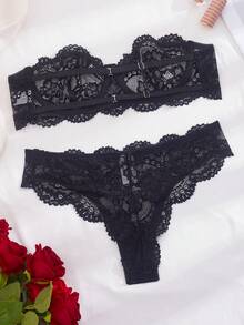 Spetsmönsterdesignade underklädesset, axelbandslösa BH och trosor, sexigt set för kvinnor, sexiga damunderkläder, damtrosor, sexigt set för kvinnor, sexiga damkläder, sexigt underklädesset, damunderklädesset, damset, baddie-look - Svart - Visa 3