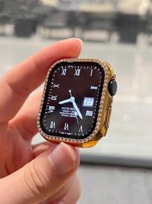 1pc Shiny Golden Crystal Rhinestone Decorative Ultra-Thin Tempered Glass Watch Case Cover, Compatible With Apple Watch 38/40/41/42/44/45/46/49mm, Compatible With Apple Watch Ultra/SE/11/10/9/8/7/6/5/4/3/2/1 Series, Smart Watch Case Accessory