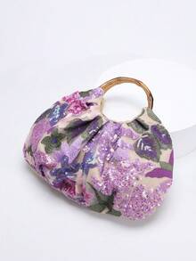 1pc Colorful PVC Sequin Flower Ruffle Cloud Design Linen Bottom Mesh Embroidery Fan-Shaped Vintage Bamboo Handle Tote Bag, Fashionable Women Summer Beach Holiday Style (Flower Pattern Randomly Sent) - Mauve Purple - View 4