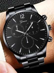 4-Piece Men's Luxury Gift Set: Stainless Steel Quartz Watch, Cross Pendant Necklace, Bracelet And Ring, Perfect Business & Casual Accessories - Ideal Gift For Him