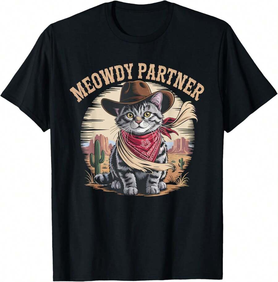 1 Pack Men's T-Shirt Meowdy Partner Cowboy Cat Vintage Premium Camiseta de hombre - Negro - Ver 1