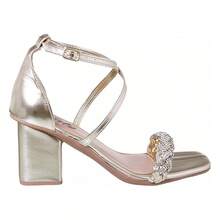 Women's Sandals High Heel Thick Casual Rhinestone Closed Back Braided Stones - Light Gold - View 4