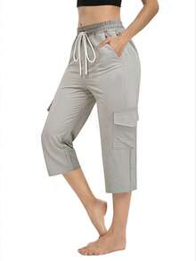 Women's Casual Versatile Cargo Drawstring Capri Pants - Light Grey - View 1