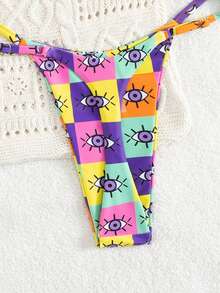 两件套女士简约格纹印花露背系带可调节腰围性感比基尼泳装，夏季海滩度假 - 紫色 - 查看 5