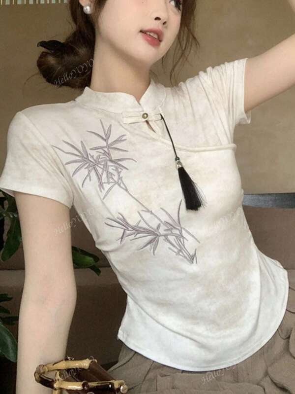 Neue chinesische Retro-Stickerei Kurzarm T-Shirt für Frauen, Stehkragen, Crop Top, vielseitig einsetzbar, Frühling