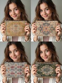 1pc Bohemian Style Linen Printed Cosmetic Bag, Cute Travel Makeup Case & Multipurpose Coin Purse, Lightweight Gift Essential For Women,For Holiday Beach, Bathroom Collection, Bedroom Collection, Large Capacity
