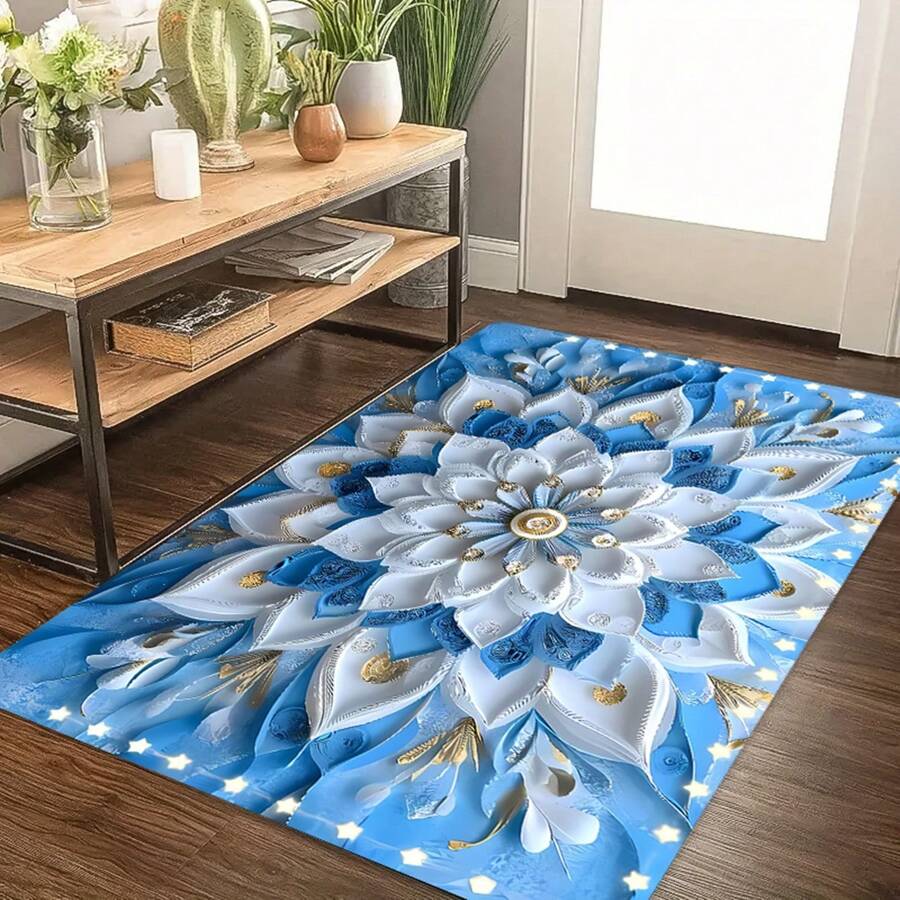 1 Stück Boho Vintage blau florales Muster Teppich, Polyester Eingangsmatte, rutschfest und strapazierfähig, maschinenwaschbar, pflegeleicht, geeignet für Wohnzimmer, Schlafzimmer, Waschküche, Heimdekoration, für den vielseitigen Innen-/Außenbereich