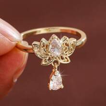 1 pieza Anillo de mujer con diseño de gota de agua de loto y incrustaciones de circonita cúbica