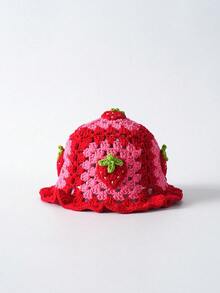 Tropiscape Boho 1pc Women's Crochet Strawberry Pattern Bucket Hat Suitable For Daily Wear Winter Fall Valentine's Day Autumn Winter Gifts Cottagecore,SummerOutfit - Red - View 5