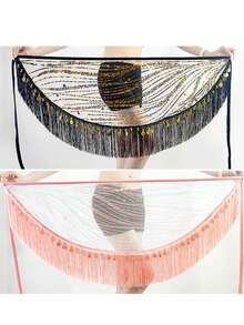 Women's Sequin Belly Dance Hip Scarf, Integrating Latin Flavor. Lace - Up Tassel Hem Wrap Belt Skirt. Hand - Strung Sequin Beads. Showcasing Spicy Dynamism In Stage Performances And Rave Parties, Swaying Gracefully - Multicolor - View 7