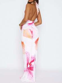 Spring And Summer Clothing, Warm Red Flowers And Shells, Ocean Element Patterns, Long Halter Neck Dress, Suitable For Women,Suitable For Spring Break Vacation, Seaside Vacation, Bikini Outerwear, Night Out, Sister Party, Seaside Party, Pool Party, Holiday Outfit, Natural Party, Chalet Vacation,Vacation Outfits, Holiday Derss, Women Dresses Birthday