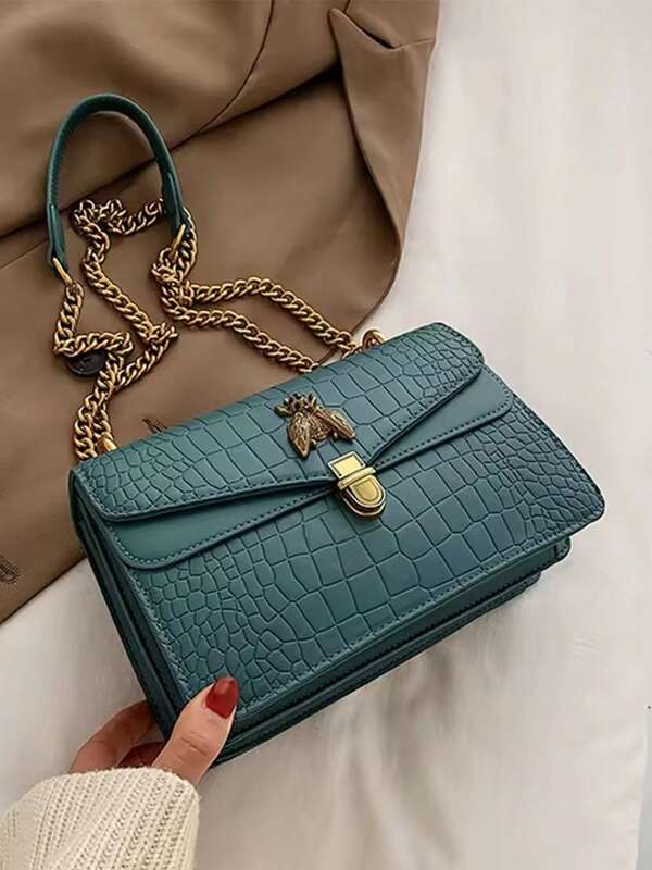 2025 New Fashion European & American Alligator Embossed Solid Color PU Leisure Commuting Retro Shoulder Bag, Women's Handbag Chain Shoulder Crossbody Bag, Holiday Gift For Girls, Suitable For Outing & Vacation, All Seasons