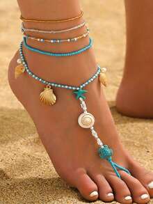 5 Pieces/Set Of Bohemian Beaded Geometric Ocean Shell Rice Bead Foot Chain Creative And Personalized Finger Chain Set