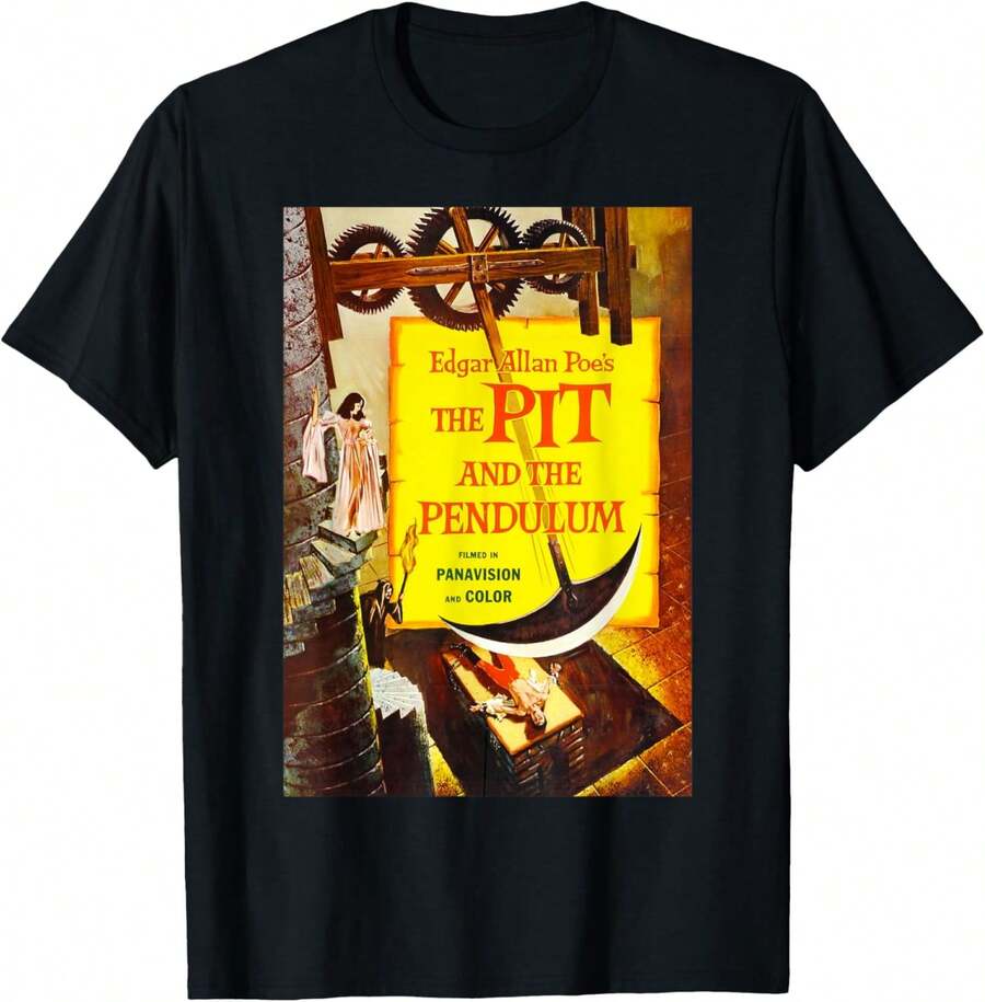 1 Pack Men's T-Shirt de Halloween con póster de película de terror "El foso y el péndulo" de Allan Poe Camiseta de hombre - Negro - Ver 1