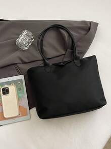 1 件简单百搭休闲多功能纯色大拉链大容量单肩托特包女士可斜挎适合购物、度假、工作和通勤女士时尚单肩托特包 - 黑色 - 查看 5