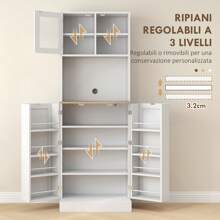 HOMCOM Credenza Cucina Alta con Armadietto, Piano Portamicroonde, 8 Ripiani su Ante, Mobile Dispensa Stretto con Ante in Vetro e Mensole Regolabili, per Soggiorno, Sala da Pranzo, 60x35x169 cm, Bianco