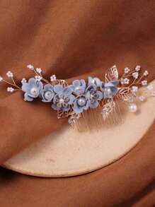 3 Stücke Braut Hochzeitskopfschmuck, blauer Blumen Haarkamm, perlenbestickter Strass Samt Blumen Haarschmuck für Braut