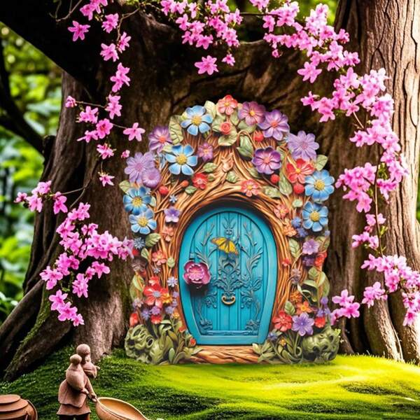 1 pièce Décor de jardin en bois à deux étages, ornement miniature de paysage de trou d'arbre de porte de fée/mur