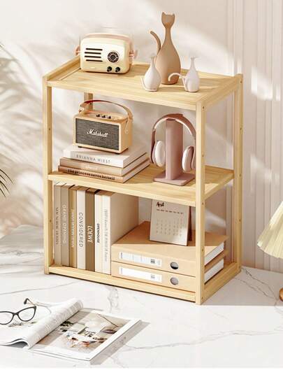 1pc Desktop Solid Wood Bookshelf, Office Storage Shelf, Solid Wood Simple Bookcase Wooden Storage Shelf, Suitable For Home Desk Storage