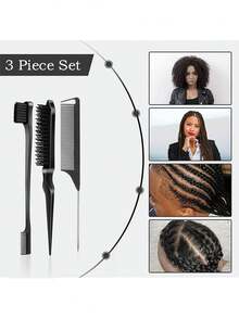 3/5件套黑色美发造型尖尾梳双头梳眉刷化妆美发工具套装美容家居美发配件 - 黑色 - 查看 3