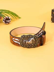 1pc Vintage Western Cowboy Style Animal Buckle Embossed PU Leather Belt - Fits With Jeans, Dresses, Valentine Suitable For All Seasons