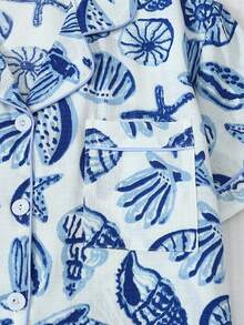 2pcs Set: Comfortable Starfish, Shell, Conch Print Lapel Button Short Sleeve Top With Pockets And Bow Shorts Pajama Set, Ladies Sleepwear & Home Wear For Spring/Summer Use, Cool Light Blue - 藍色 - 查看 4