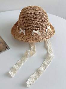 1 Pc Of Baby Girl Spring And Summer Sun Ion Tied Rope Hand Woven Straw Hat, Suitable For Daily Wear - Khaki - View 11