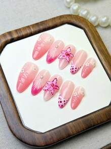 10Pcs Handmade Acrylic Press On Nails Flakes Almond Shape Pure Handcrafted Super Beautiful High-Grade Gentle Multi-Color French Smudging Hand Pinch Three-Dimensional Flowers Hand-Painted Shell Pattern Flower Drop Water Ripple With Small Gold Beads Wearing Nail Suitable For Girls And Women Nail Supplies Nails