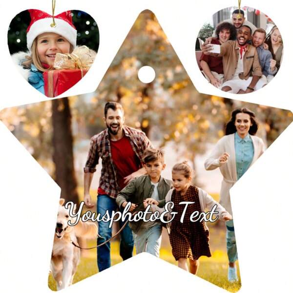 1 enfeite de Natal personalizado 2025 com foto – Moldura de cerâmica dupla face personalizada – Carregue qualquer imagem e texto – Decoração exclusiva para árvore de Natal – Lembrança para família, casal e animais de estimação – Enfeite de Natal em formato de estrela – Presente para pais e avós