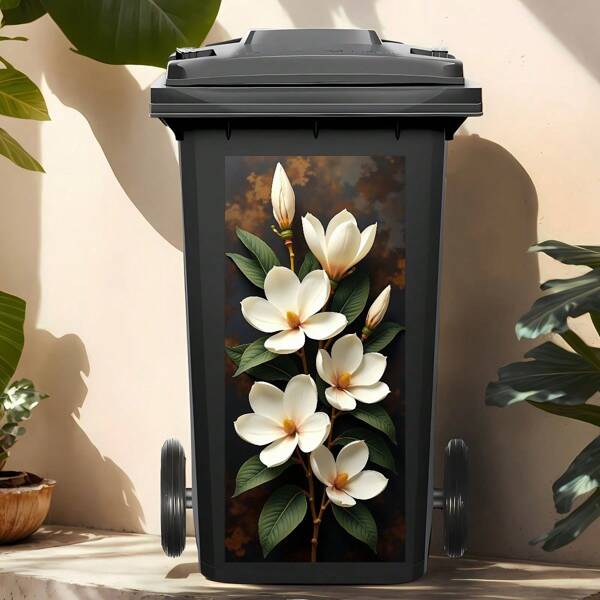 1 Stück eleganter Magnolien-Blumen Aufkleber für Mülleimer - klassisches weißes Blüten Design - wasserfest & UV-beständige Vinyl Folie - Außen- & Garten-Mülleimer Dekoration - ästhetischer Mülleimer Aufkleber
